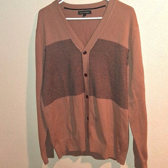 Banana Republic Wool Cotton Blend Tan Black Classic Cardigan L - Picture 1 of 7